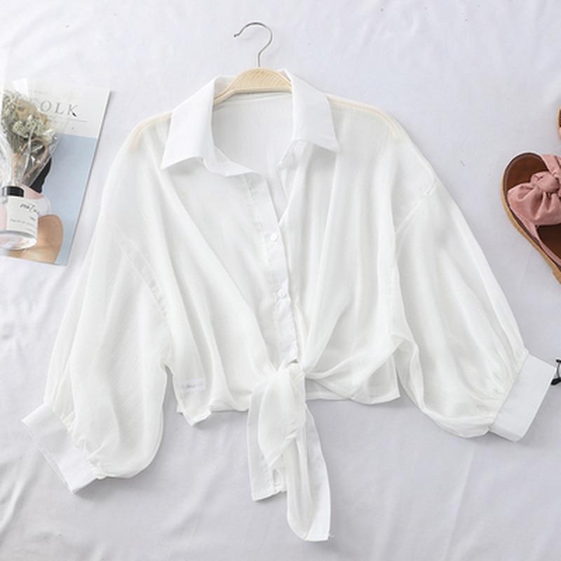 2024 Halbarm-Chiffon-Hemd mit Knöpfen, lockere lässige Bluse für Damen, einfache Sommerhemden mit gebundener Taille, elegante Blusen für Damen 97761 S weiß