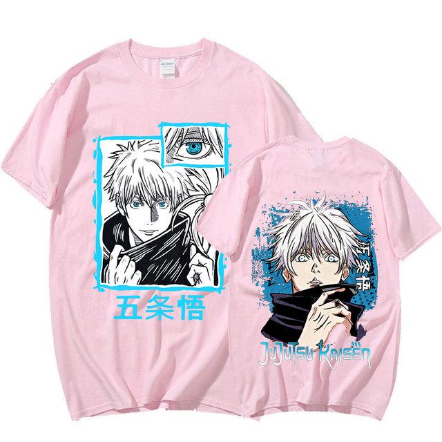 Anime Jujutsu Kaisen Satoru Gojo Grafik Gedruckt T-shirt Männer Frauen Casual Kurzen Ärmeln Baumwolle Sommer T-shirts Übergroßen Gothic Streetwear M rosa
