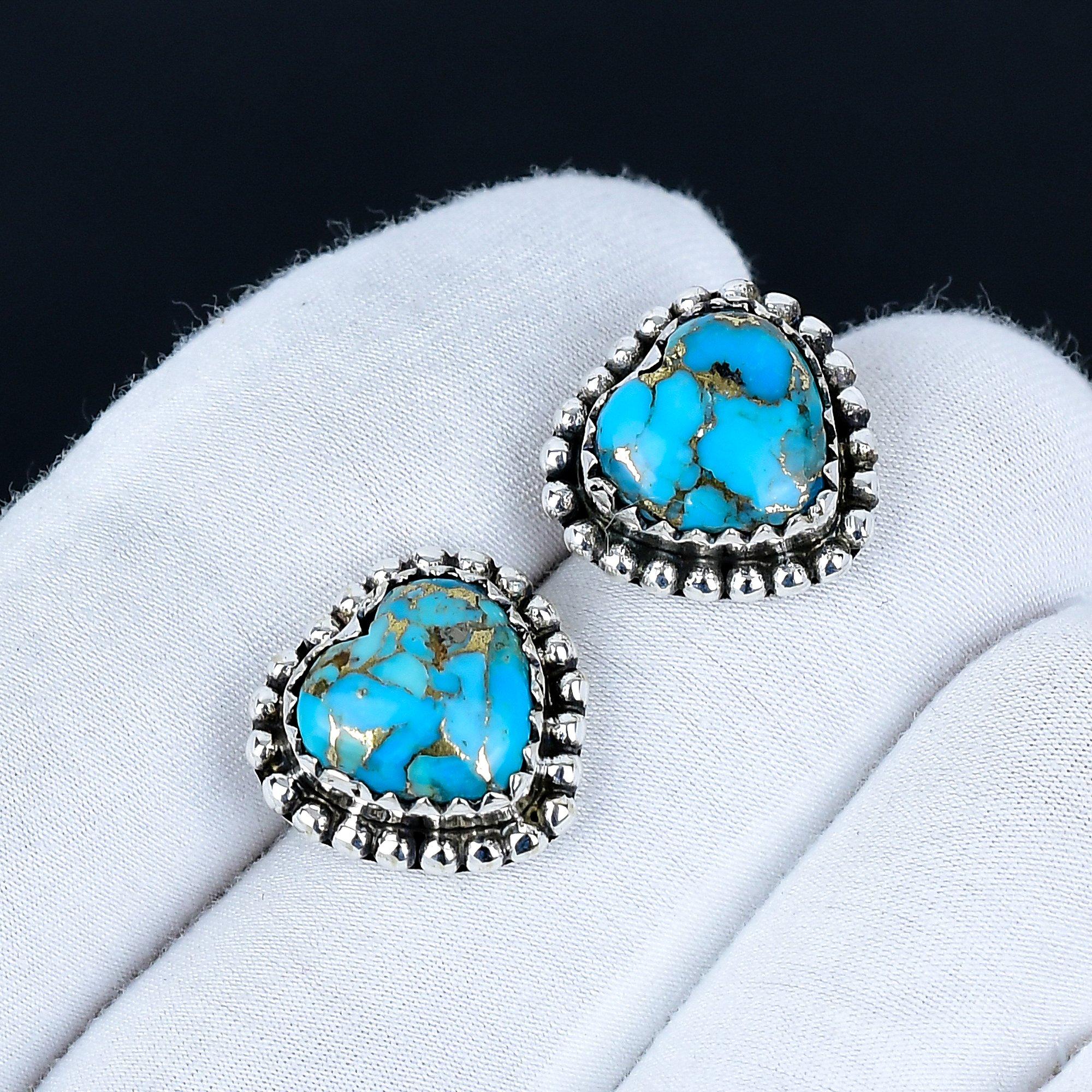 Blaue stachelige Türkis-Ohrringe | 925 Sterlingsilber Ohrstecker | Handgefertigte Edelstein-Liebes-Ohrstecker Herz-Ohrringe | Boho-Schmuck Geburtstagsgeschenk 3.5 Cm blau