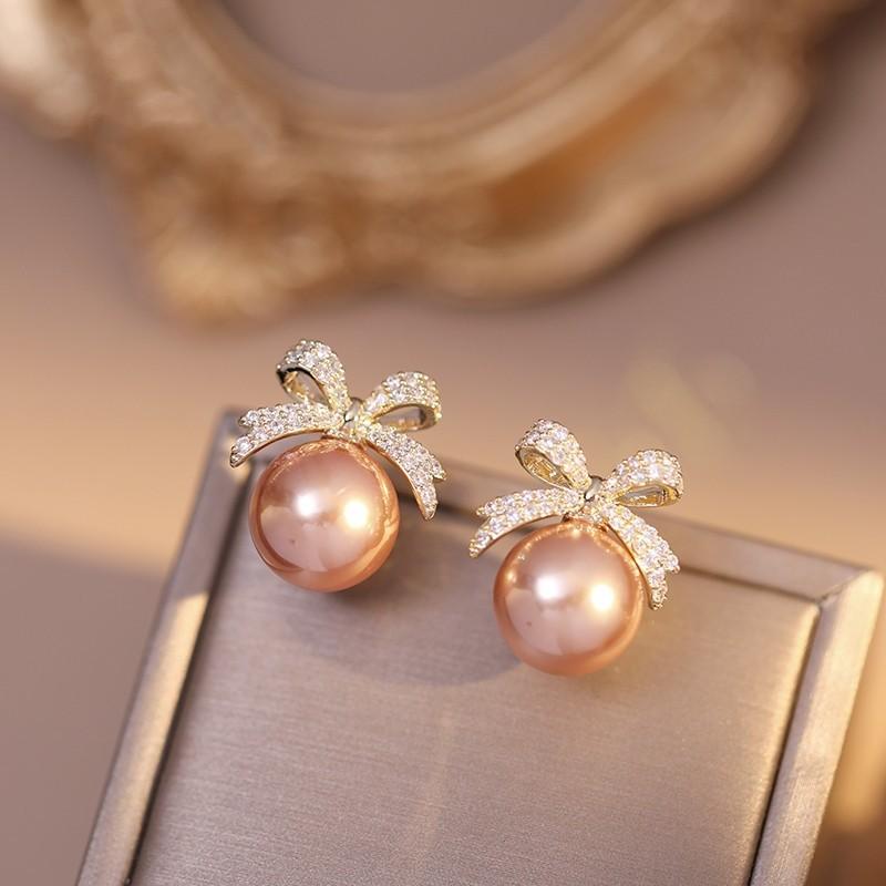 Damen-Ohrringe mit silberner Nadelschleife und Diamantperlen, modisches Nischendesign, hochwertige und erfrischende Ohrringe rosa