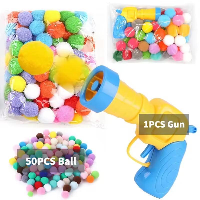 Plüschball-Schießpistole Katzenspielzeug Interaktive Kätzchen Mini-Pompons Launcher Spiele Haustierzubehör Zubehör Indoor-Katzen Selbstspiel 1 Gun 50 Ball