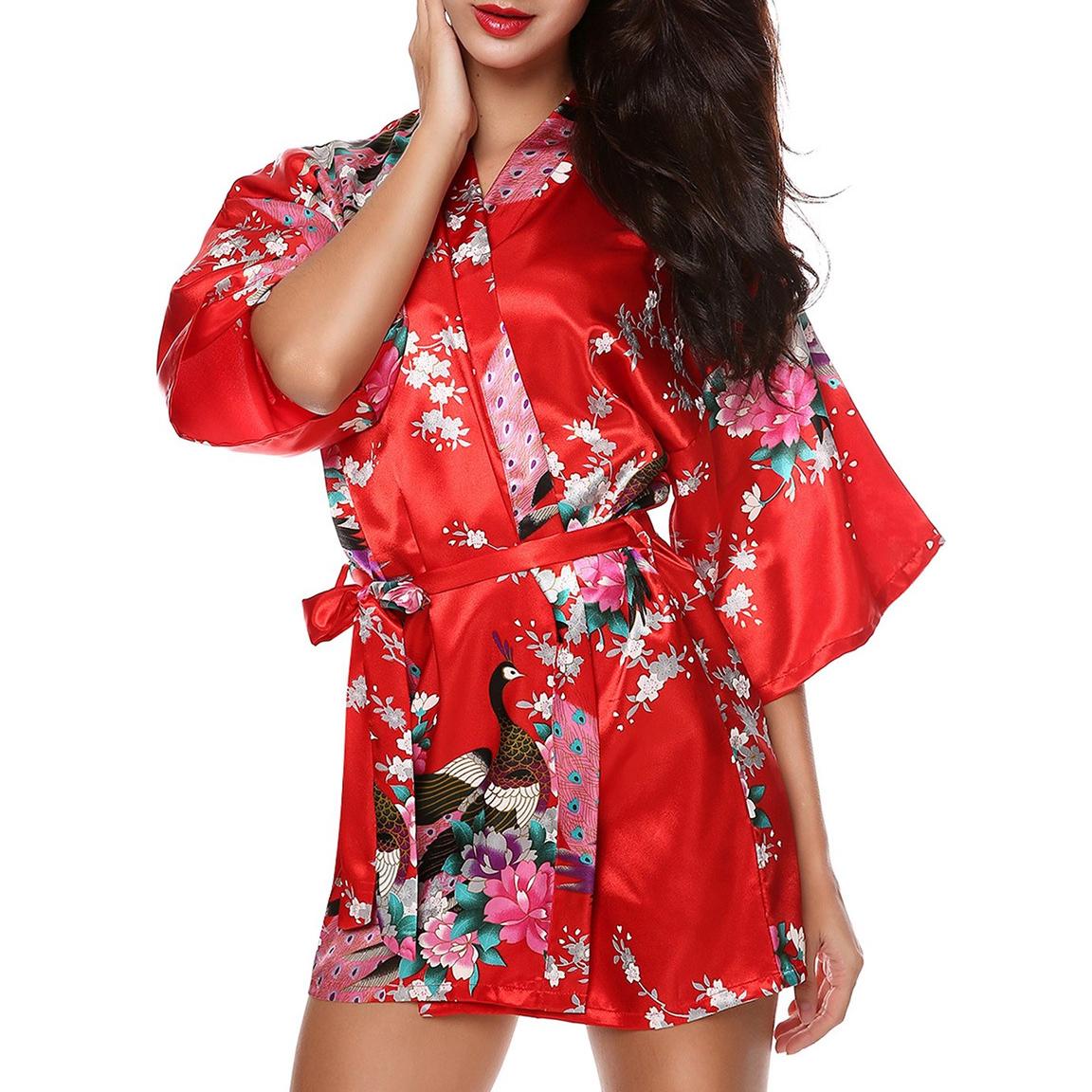 Seide Royal Floral Frauen Robe Sexy Hochzeitskleid Nachtwäsche Nachthemd Kimono Bademantel L rot