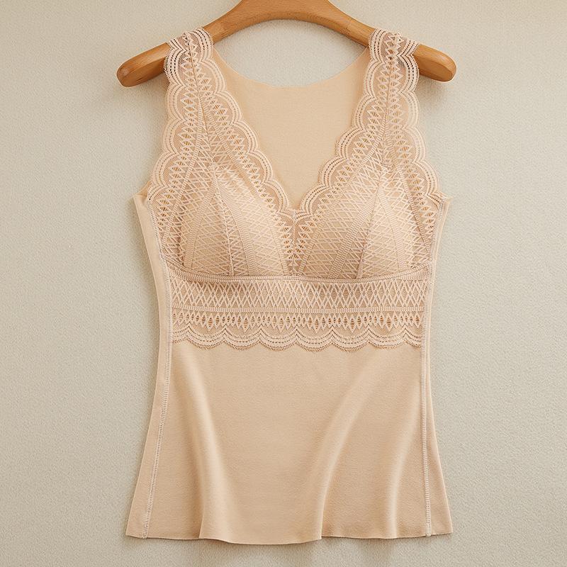 Spitzenunterwäsche mit BH-Einlage Lang und Dick BH Ärmellose Körperformung Damen Doppelträger Sling Unterwäsche Damen Warme Weste XXL beige
