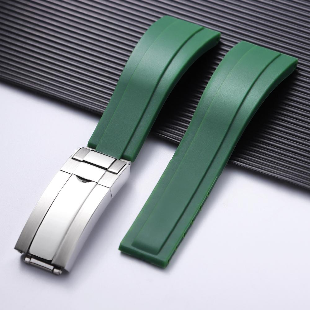 Für Rolex Silikon Uhrenzubehör für GMT Submariner Grün Schwarz Uhrenarmband Flache Schnittstelle Armband 20mm Faltschließe 20mm&Gold Buckle grün
