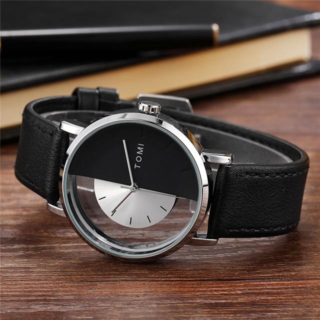 Einzigartige Uhr, kreative halbtransparente Unisex-Uhr für Männer, Frauen, Paare, Geek, stilvolle Leder-Armbanduhr, modische Quarzuhr weiß/schwarz