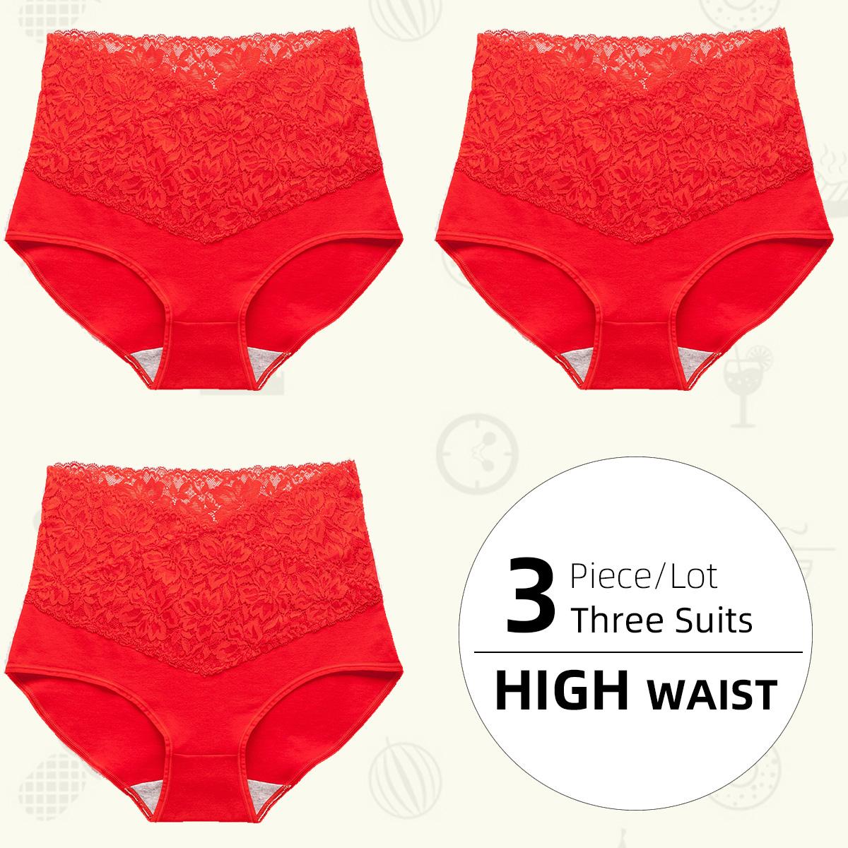 3 Stück/Los Damen-Spitzen-Slips mit hoher Taille Zwickel aus reiner Baumwolle Slips Auslaufsichere Unterwäsche Damen-Unterhosen 2XL
