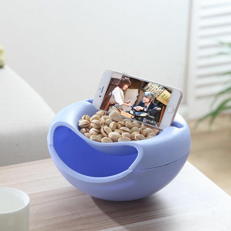 3 Farben Doppelschicht Snack Obst Samen Teller Schüssel Schüssel Telefonhalter für TV Home Relax blau