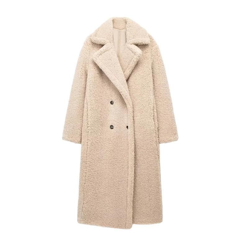 Winter Damen Lässig Uni Mantel Zweireihiger Fleece Mantel Lockere Passform Langer Mantel Damen Vintage Übergroße Lange Jacke XS khaki