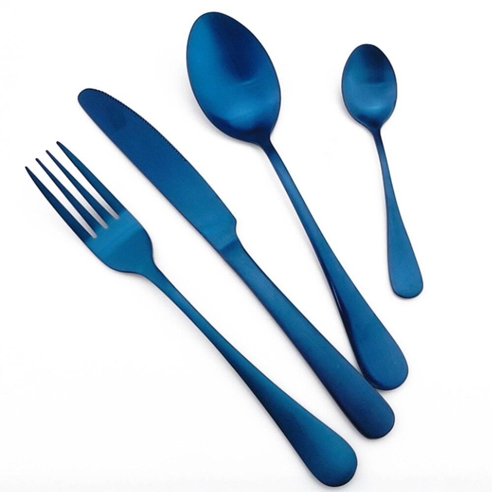 Edles blaues buntes Besteckset aus Edelstahl, Geschirr, Besteck, Geschirr, Geschirr, Besteck, Besteck, Messer, Gabeln, Löffel 4 Set blau