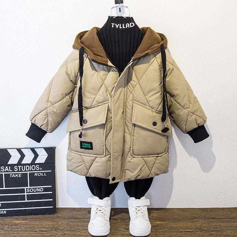 Winter Oberbekleidung für Jungen, dicke warme Mäntel, Kinder, plus Samtjacken, mit Kapuze, Trends, Mantel, Teenager, lässig, winddicht, Parkas 120 khaki