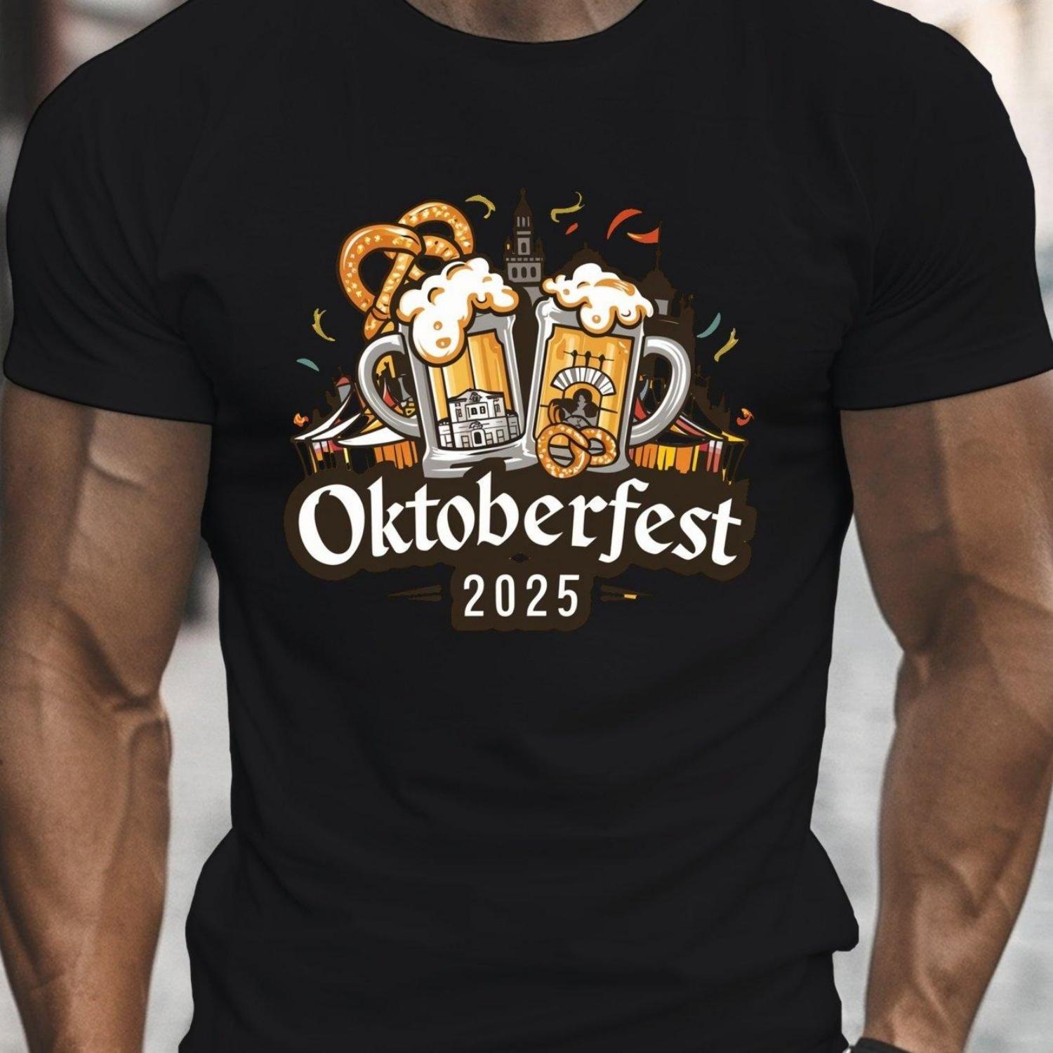 Herren Oktoberfest 2025 Grafik-T-Shirt Hopfen Bierkrug Design Rundhals Kurzarm T-Shirt Lässiges Sommer Oberteil für Erwachsene Herren Bekleidung XXXXXL schwarz