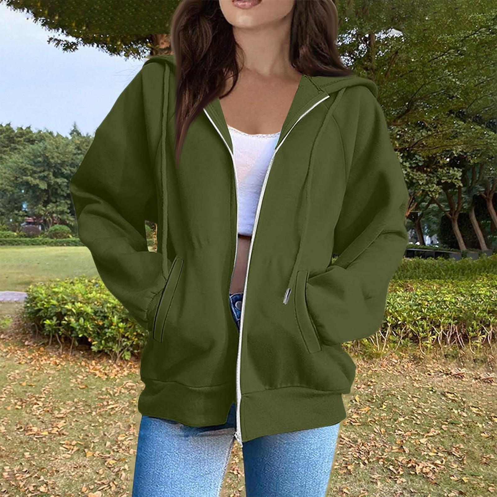Damenmode Lässige Langarm Einfarbig Kapuzenpullover Tops M grün