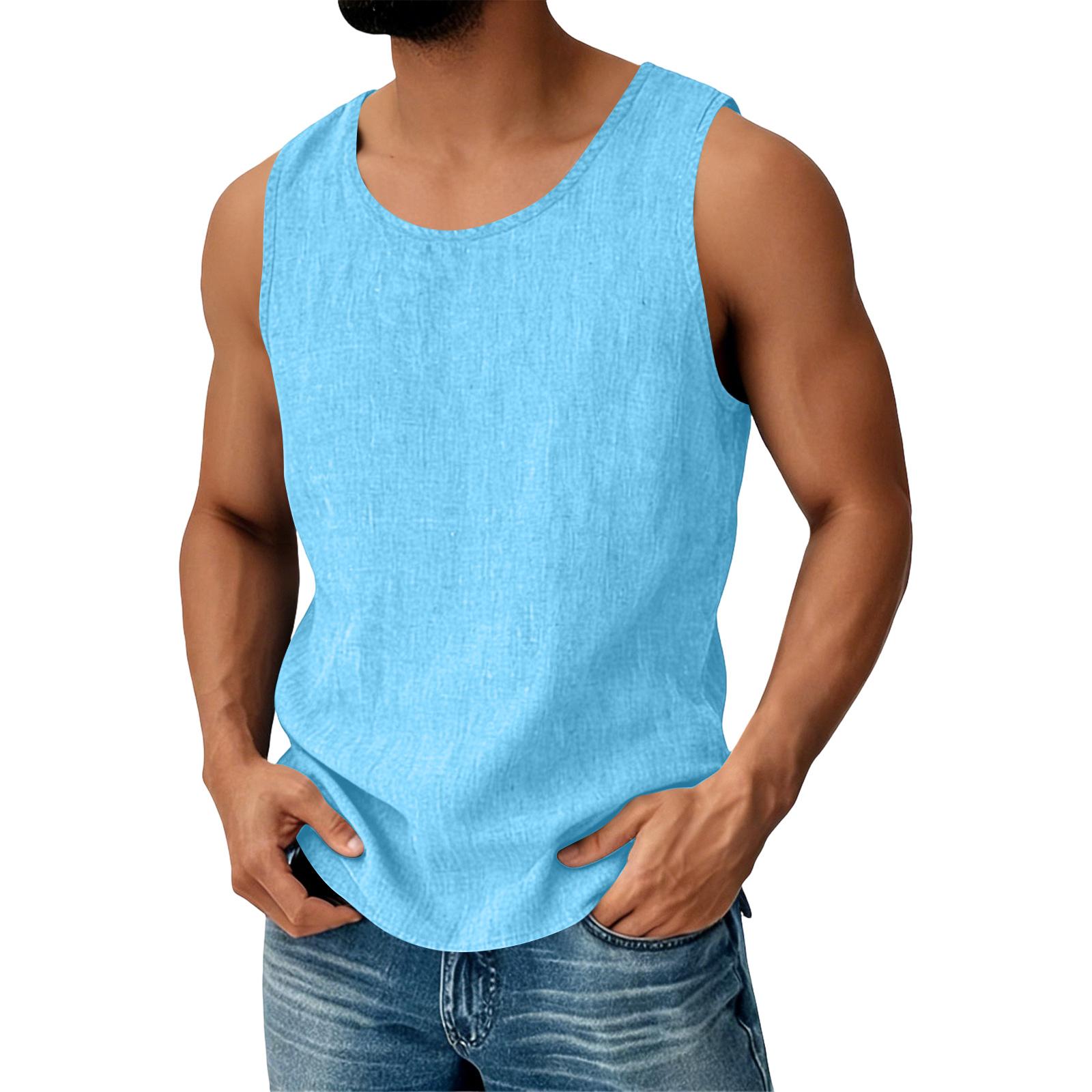 Herren Baumwolle Leinen Ärmellose Weste Herren Freizeit Mode Sport Ärmellose Weste XXL himmelblaue