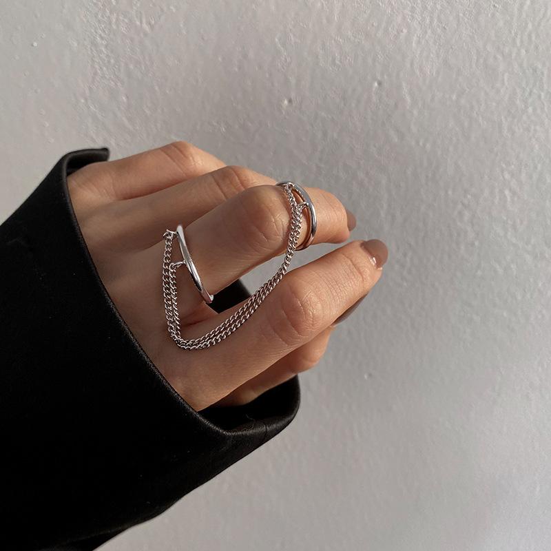 Punk Kette Doppelringe für Frauen Hip Hop Offener Ring Metall Silberfarbe Kette Geometrisch Party Schmuck Geschenke silber