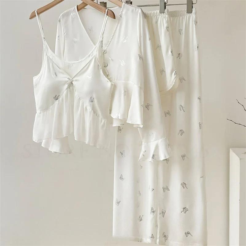 Sexy Spitzen-Hosenträgershorts, Hemd, Hose, Pyjama-Set, 4-teiliges Damen-Pyjama-Set, Freizeitkleidung, lockerer Homewear-Pyjama für Frühling und Herbst XL weiß