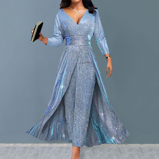 Damen Abendkleid Doppelseitige Rüsche Pailletten Voller Rock Trägerlos Jumpsuit M blau