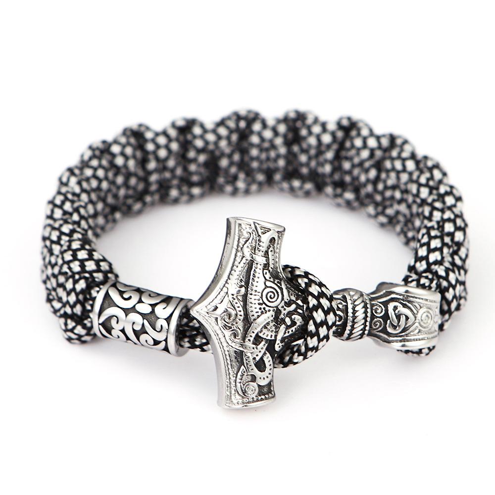 Edelstahl Titanstahl Thors Hammer Schwarzer Regenschirm Seil Handgefertigtes Armband Herrenschmuck Schwarz 19cm