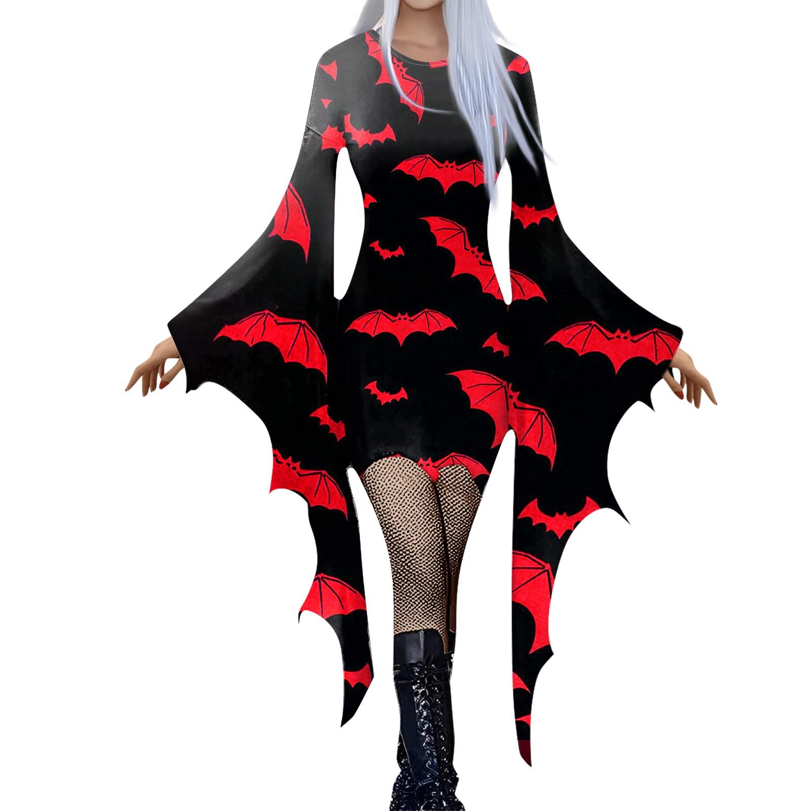 Damenmode Gothic Punk Fledermausärmel Halloween Print Unregelmäßiges Partykleid XL rot