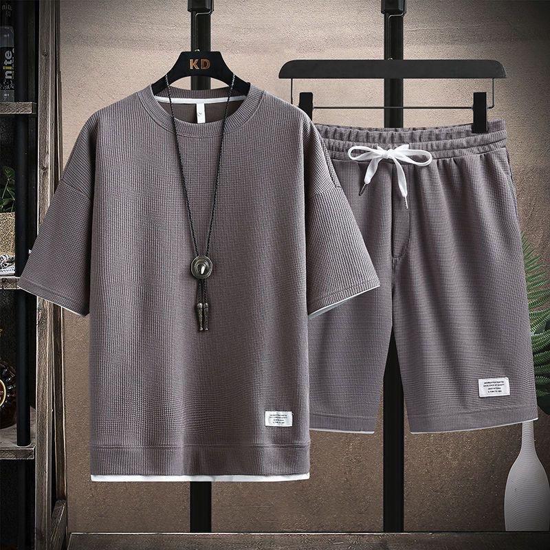 Herren Sommer Sets mit Waffelmuster, lässiges T-Shirt + Shorts Set, männlicher Sportanzug, einfarbig, Trainingsanzug, lockere Anzüge XXXXL licht grau