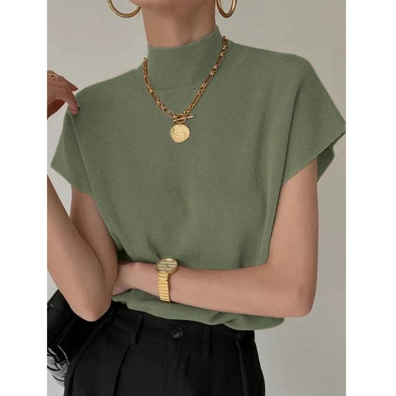 2022 weste Hemd Solide Kurzarm Büro Dame Alle Spiel Lose Elegante Gerade Tops Mode Gestrickte Weste Frau Tops 20397 One Size hellgrüne