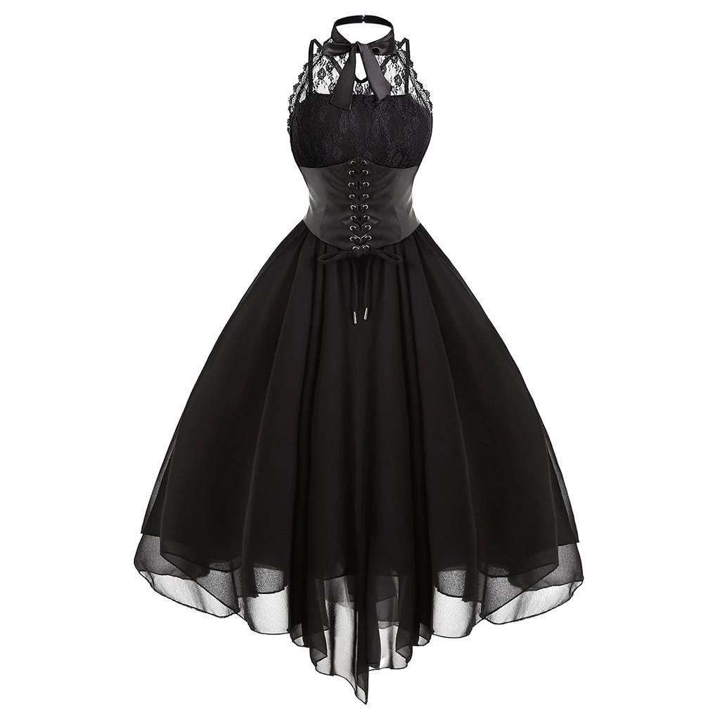 (SU)Frauen Sexy Spitzenkleid Vintage Kleid Retro Gericht Prinzessin ärmelloses Minikleid M schwarz