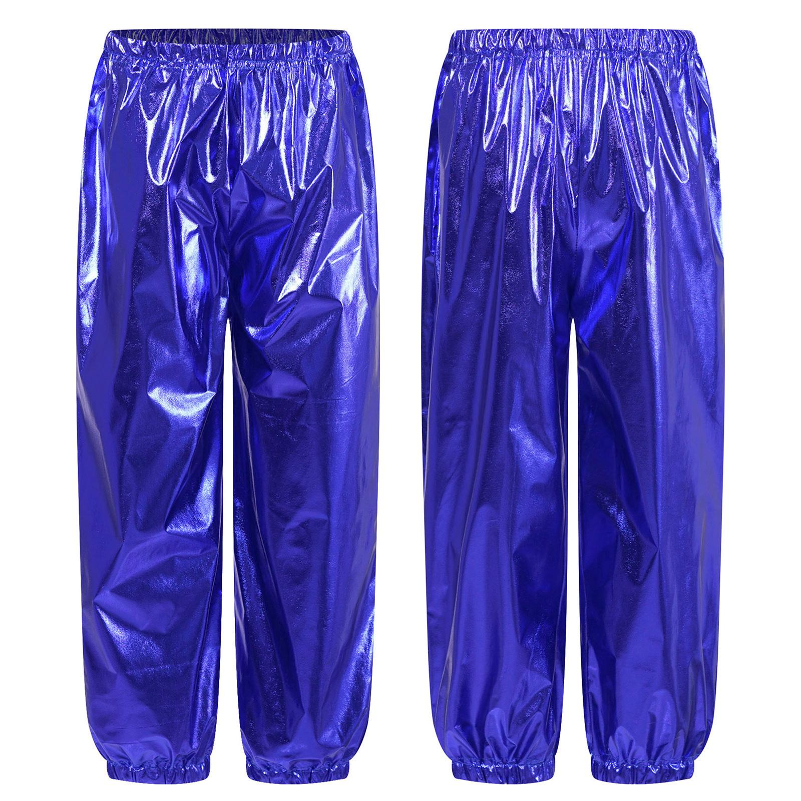 Kinder Jungen Mädchen Metallic Glänzende Hose Hose Jazz Dance Cheerleading Bühnenkostüm für Geburtstagsparty Schulshow 14-15 Years blau