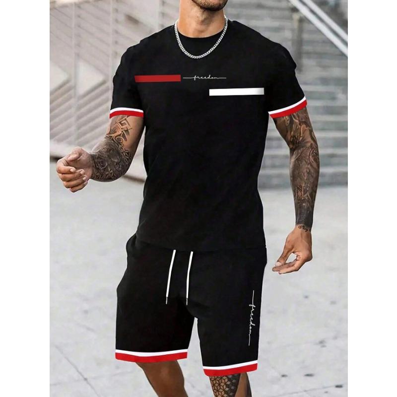 Sommer Herren Trainingsanzug Einfarbig Streifen T-Shirt Shorts Set Sport Outfit Jogginganzug Übergroße Kleidung Outdoor Streetwear M