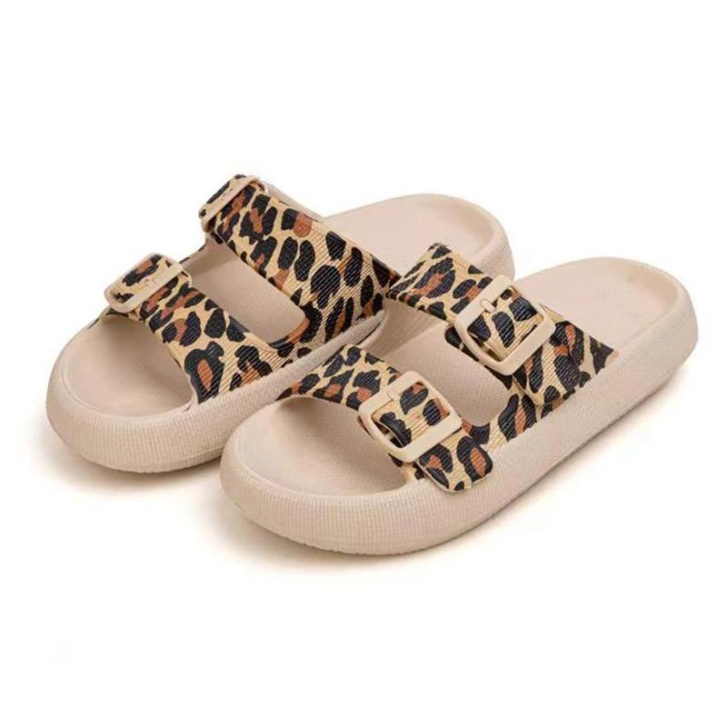 Mode Mode Leopardenmuster Wolken-Slipper für Damen Sommer Verstellbare Schnalle Kissen-Slides Frau Dicke Sohle Rutschfest Strandschuhe 41-42 leopard print