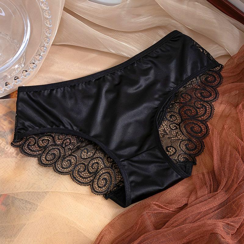 Damen-Slip mit Schleife, mittlerer Taille, Satin, einfarbig, Spaghettiträger, Spitzen-Slip, ausgehöhlt, nahtlos XL schwarz