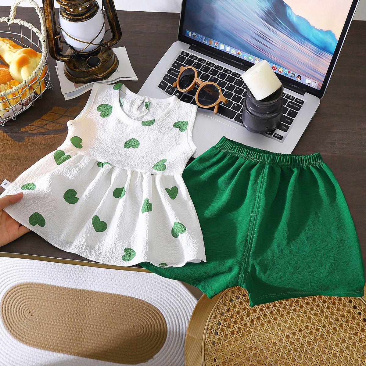 Mädchen Westen-Set, Sommer Kinderbekleidung Bedrucktes Zweiteiler-Set 100 grün