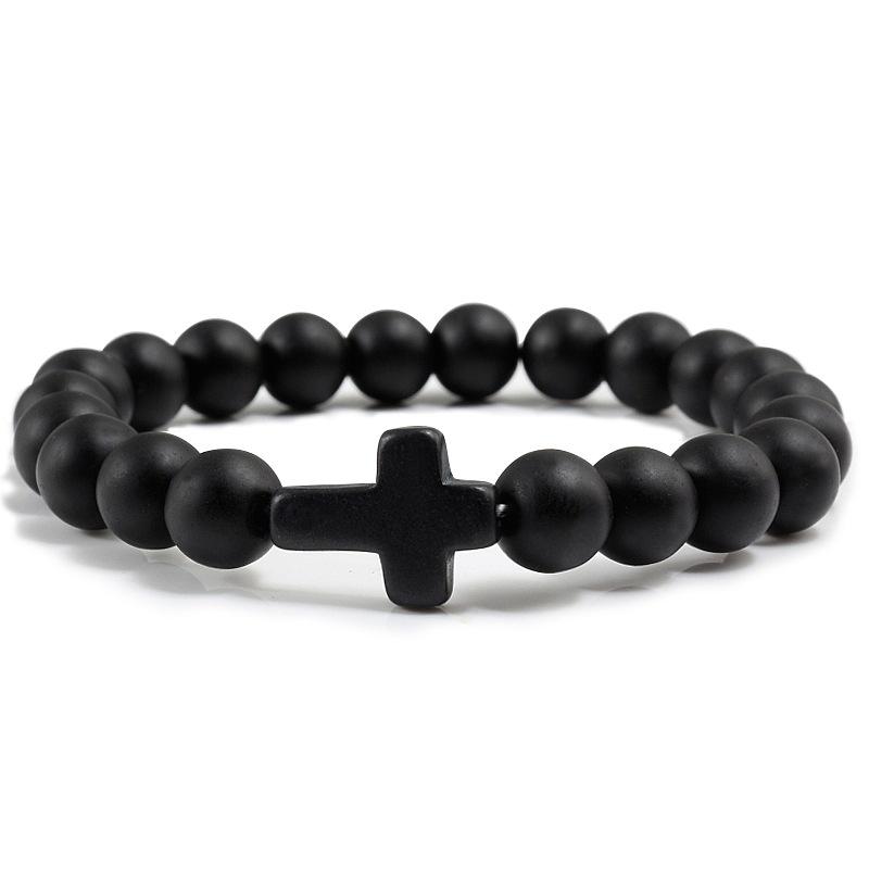 8mm Perlen Kreuz Armbänder für Damen Herren Naturstein Elastisches Stretch Gebetsarmband für Damen Freundschaft Kreuz Geschenke matte schwarze