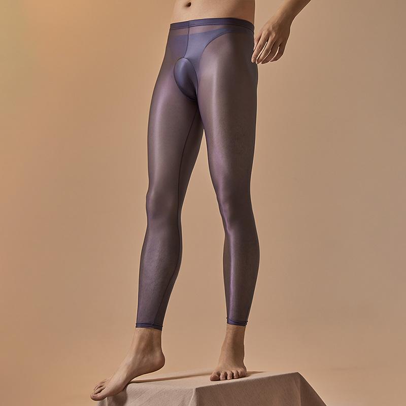 Herren Durchsichtige Leggings Sexy Seidige Dehnbare Strumpfhosen Öl Glänzend Dünne Feinstrumpfhosen Schlank Ultra-Dünn Anti-Haken U-Konvexe Tasche Hosen egg gray