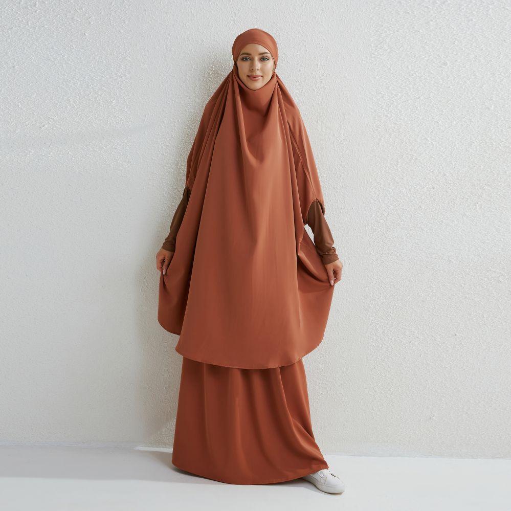 Muslimische Sets Zweiteilige Gebetskleidung Lange Kapuzen-Rauchhülsenhemden Hijab Lose Maxiröcke Elastische Taille Damen-Abaya-Sets One Size kamelfarben
