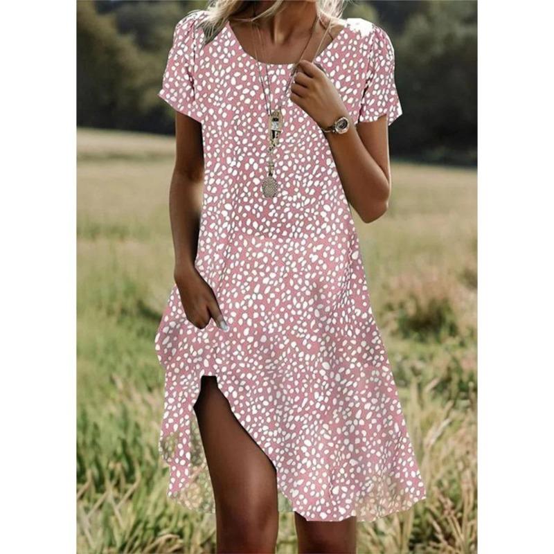 Sommer Bohemian Kleider Für Frauen V-ausschnitt Kurzarm Blume Gedruckt Strand Urlaub Kleid Frauen Maxi Kleider Boho 3XL hellrosa