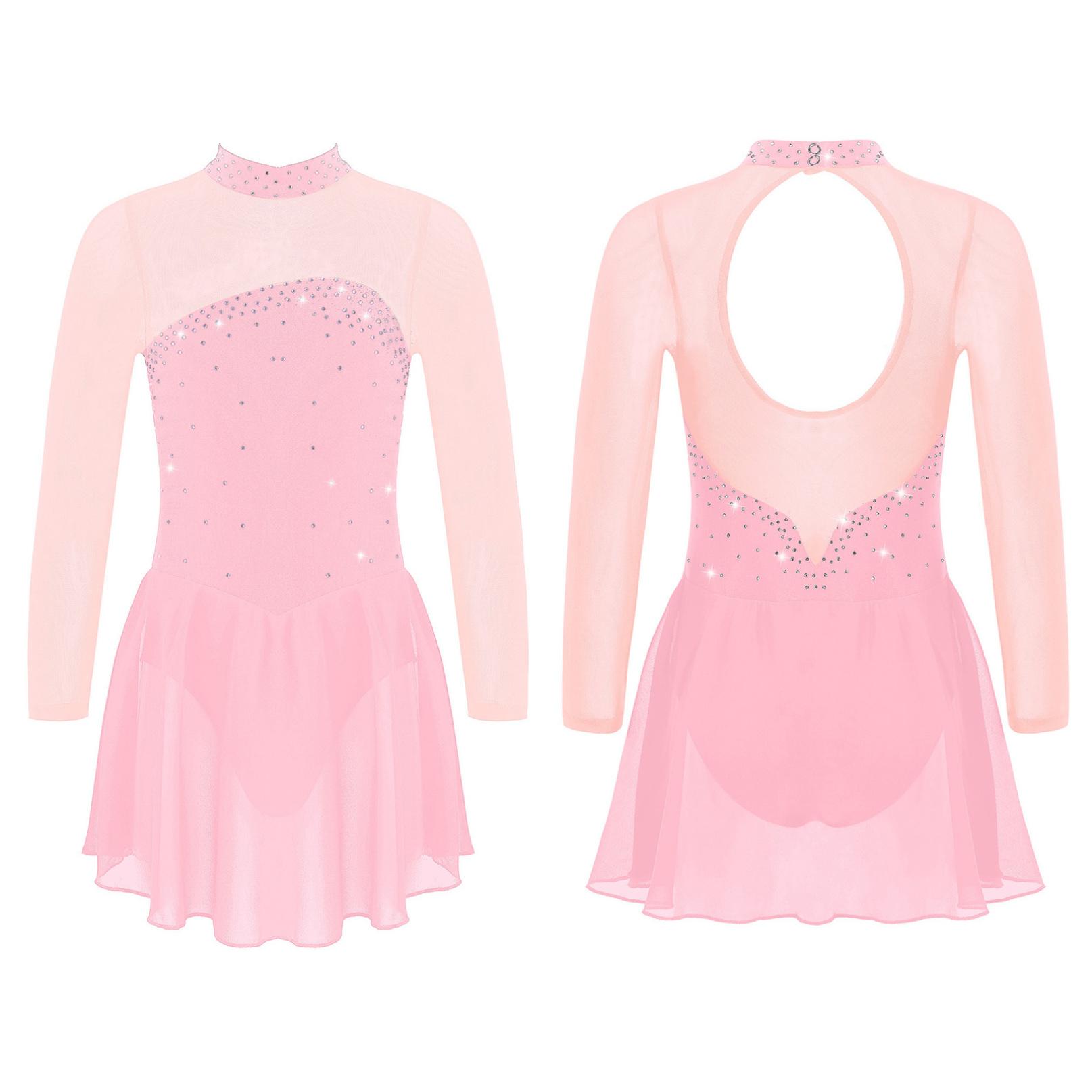 Kinder Mädchen Eiskunstlauf Tanzkleid Langarm Glänzende Strass Mesh Ballett Gymnastik Trikot Kleider Wettbewerb Dancewear 5-6 Years rosa