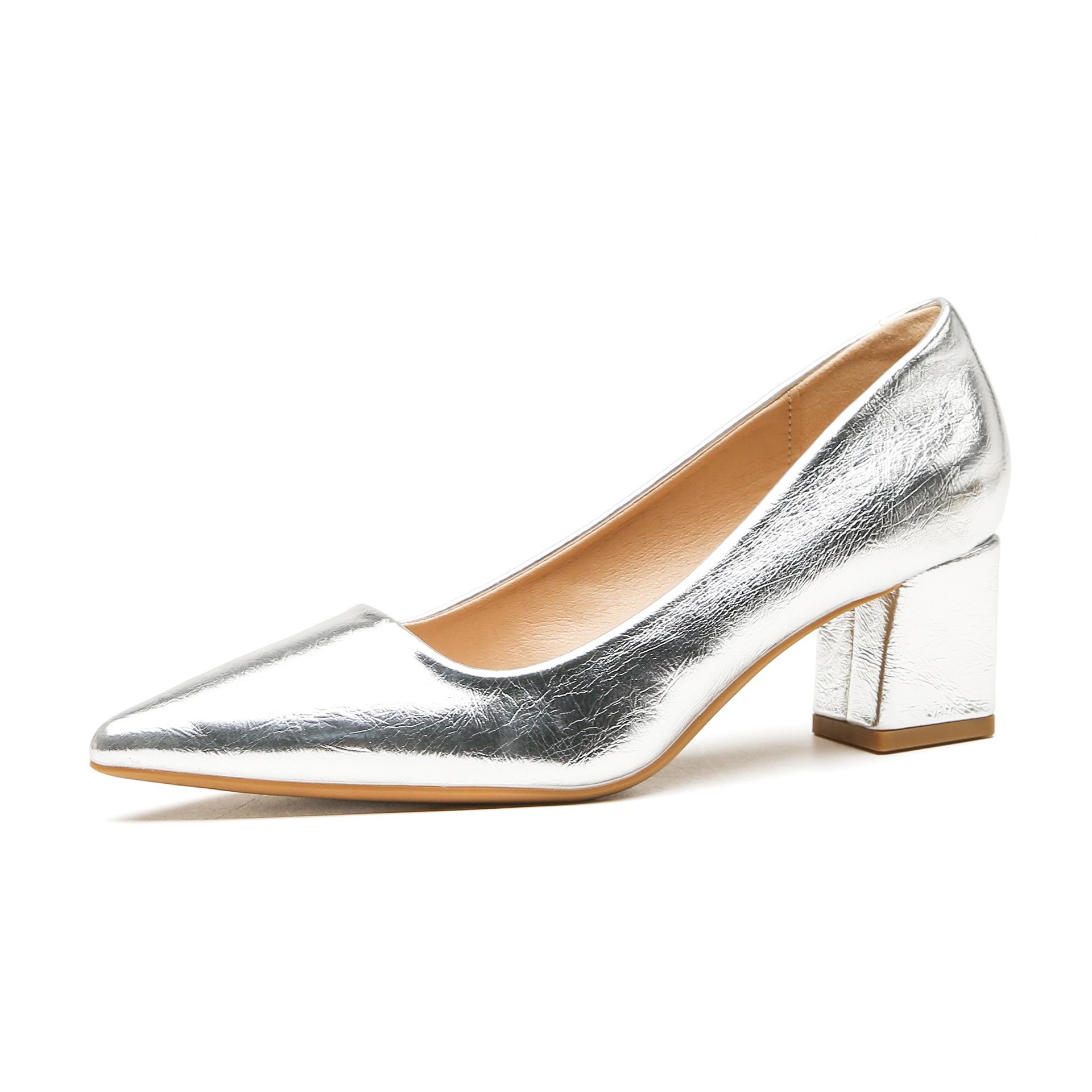 2025 Neue französische Pumps mit Blockabsatz in Gold und Silber - Elegante, tief ausgeschnittene Arbeitsschuhe aus weichem Leder, Bequem für langes Stehen XCY-555-88-1 36 silber