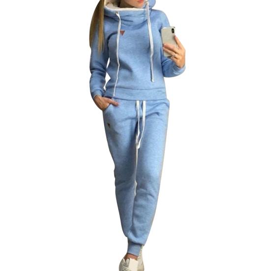 2-teiliger Damen-Jogginganzug, einfarbig, Trainingsanzüge, Fleece-gefüttert, Kapuzenpullover, Hosen-Set, Damenbekleidung in Übergröße S blau