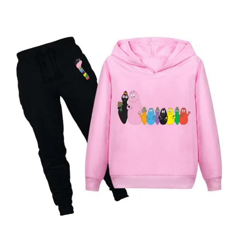 NEU Mode Kinder Niedliche Sportkleidung Barbapapa Bedruckte Hoodies + Hosen Set Lässige Kapuzen-Sweatshirt-Anzüge Trainingsanzug Geeignet für Jungen und Mädchen 120cm
