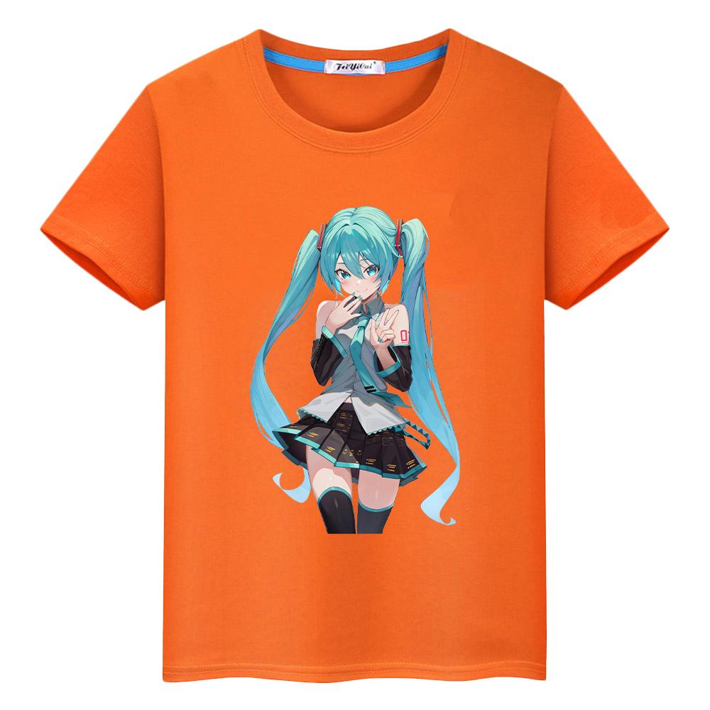 T-Shirt für Kinder Jungen 10 Jahre Hatsune Miku Druck Kawaii 100% Baumwolle Anime Kurz Stolz T-Shirt Y2K Kleinkind Mädchen Kleidung Kinderkleidung 160 orange