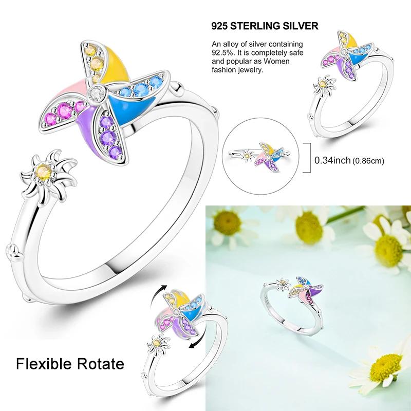 Luxus Mode Fidget Spinner Ring Design Angst Für Frauen Mehrere Kristall Windmühle Blume Fingerringe Anti Stress Hochzeit Schmuck resizable white