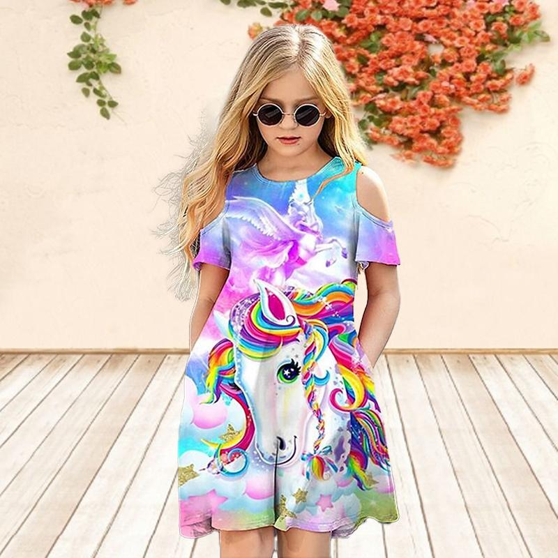 Mädchen-Kleid mit Blumenmuster, rosafarbenes Pferd, für Kinder, Mädchen, Party, schulterfreies Kleid, Prinzessinnenkleid, kurzärmeliges Kleid, über vier Jahre alt 80 bunt