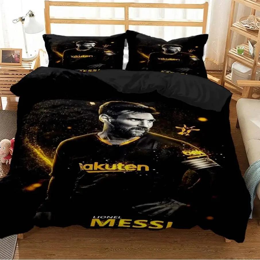 Messi Fußball-Superstar Bettwäsche-Set 3D-Druck FC Barcelona Bettbezug Bettwäsche-Set Weich King Full Size Bettwäsche-Set Für Jungen AU King(245*210cm)3pcs
