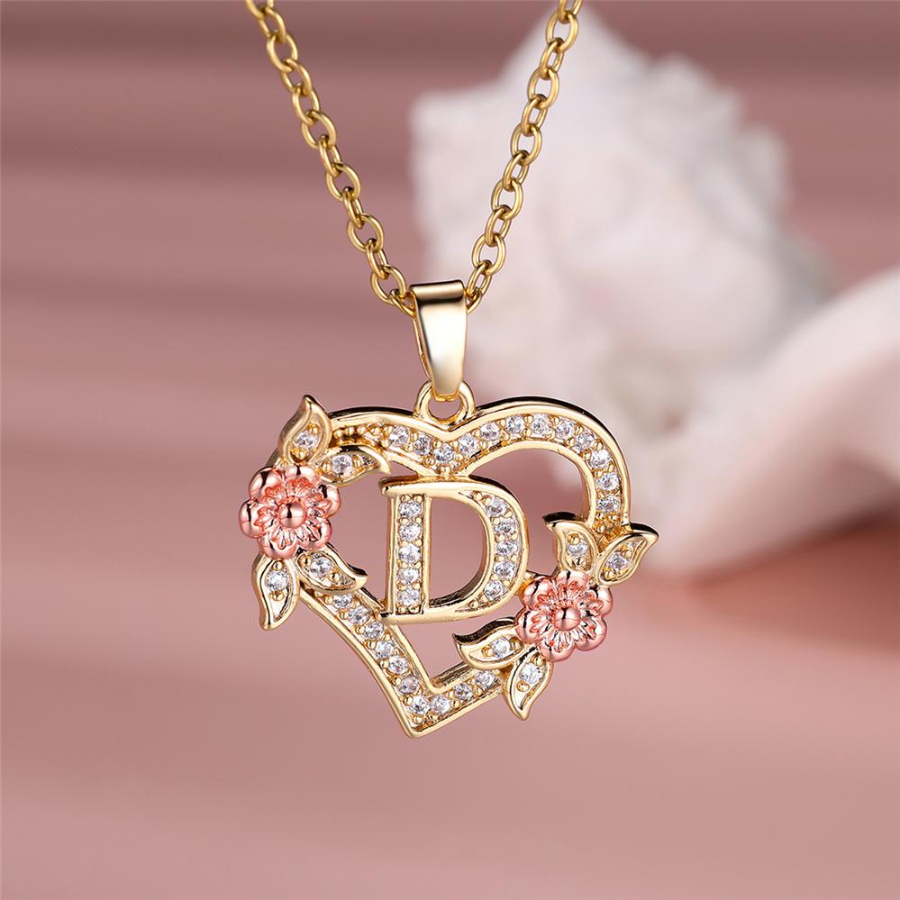 Halskette mit Herz-Anhänger, Anfangsbuchstabe AZ für Frauen, eleganter Zirkonia, Roségold, Blumen-Alphabet-Herz-Anhänger, Kette, Halsband, Schmuck, Geschenk D rose gold/gold