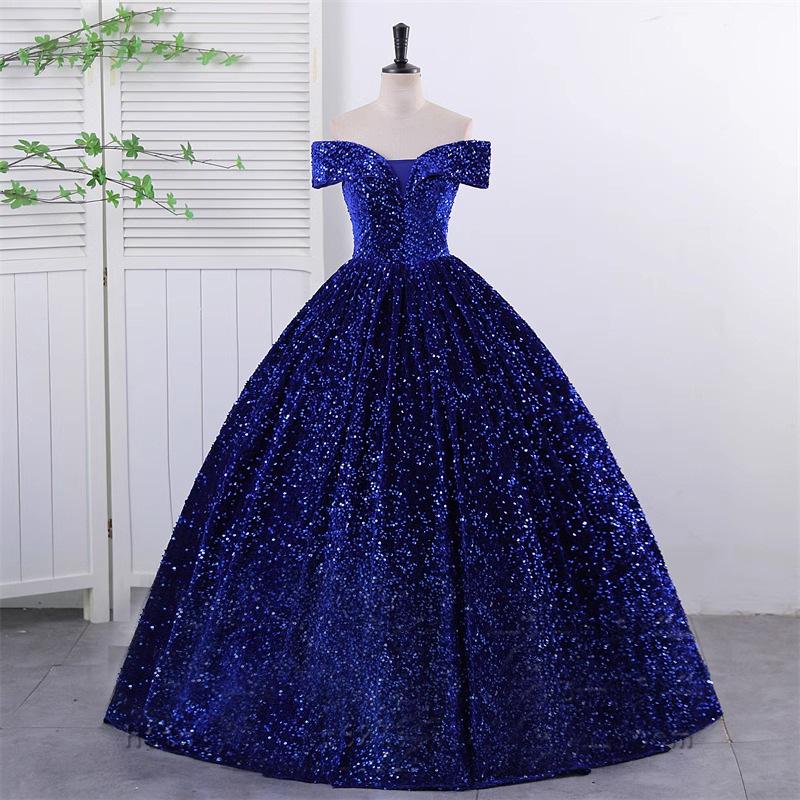 Pailletten-Abendkleid schulterfrei für Damen: Ideal für Auftritte, Schönheitswettbewerbe und Galaveranstaltungen mit bauschigem langem Rock. L blau