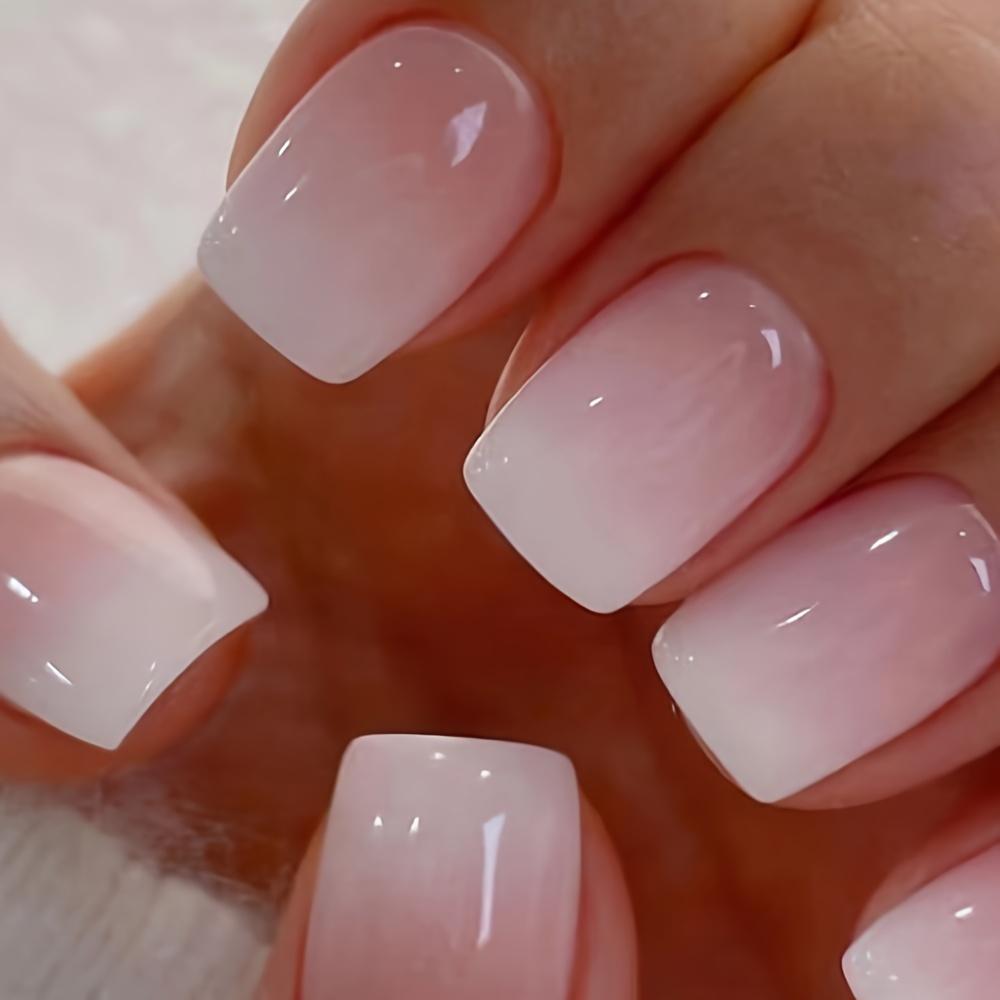 24 Stück glänzende, rosafarbene Jelly-Farbverlaufsnägel zum Aufdrücken – kurze, quadratische künstliche Nägel für Frauen und Mädchen – für den Alltag