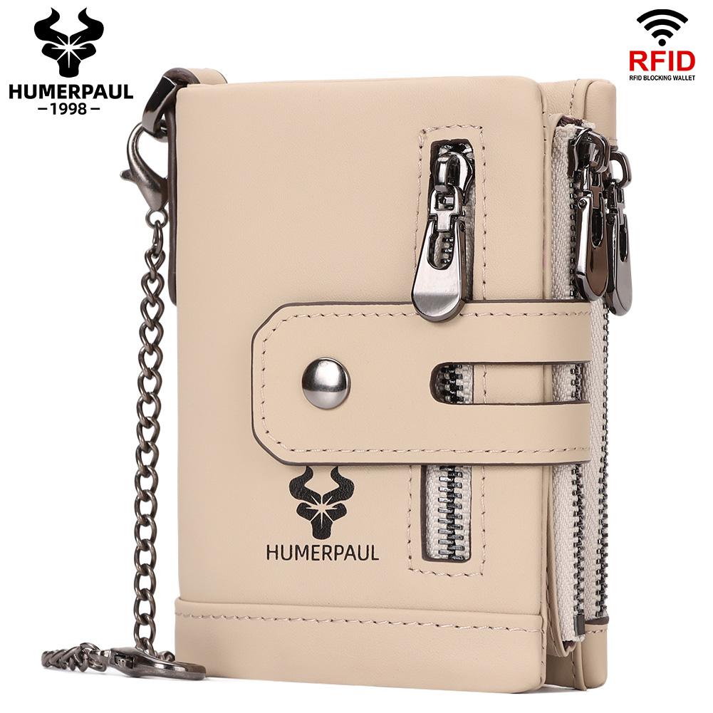 HUMERPAUL Herren-Geldbörse aus echtem Leder, RFID-blockierend, Münzgeldbörse, Kartenhalter, Kette, schlanke Bifold-Geldbörse weiß