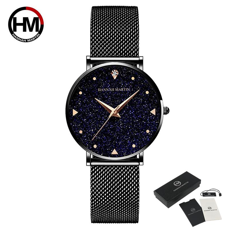 Hannah Martin Japan Uhrwerk Nachtblitz Sternenhimmel Zifferblatt Wasserdicht Kreative Damenuhren Diamant Elegante Damen Quarzuhr schwarz