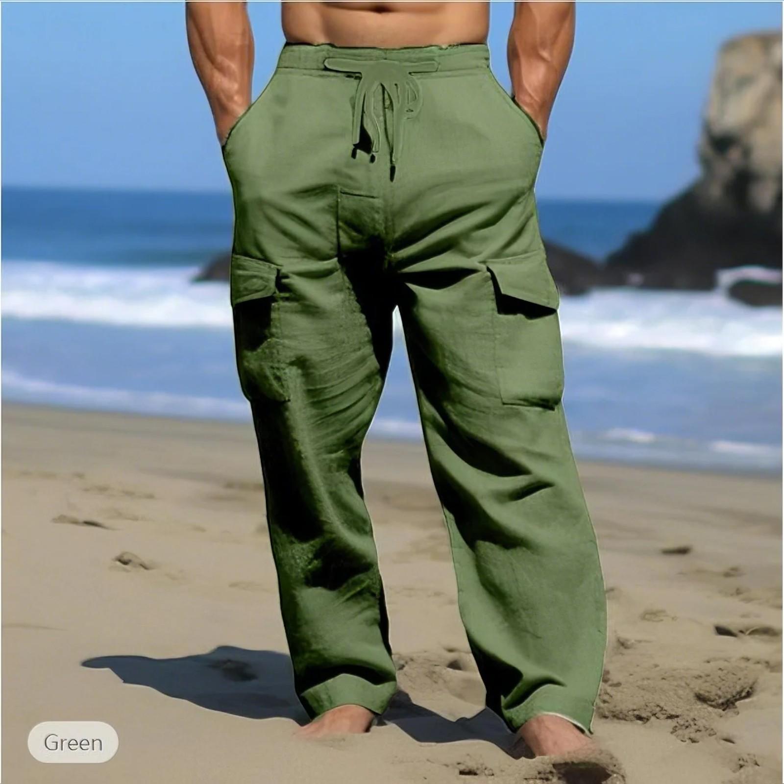 Sommer Bequeme Atmungsaktive Outdoor-Herrenhose Pull Rope Multi-Pocket Straight Leg Tägliche Outdoor-Freizeithose aus Baumwolle und Hanf L