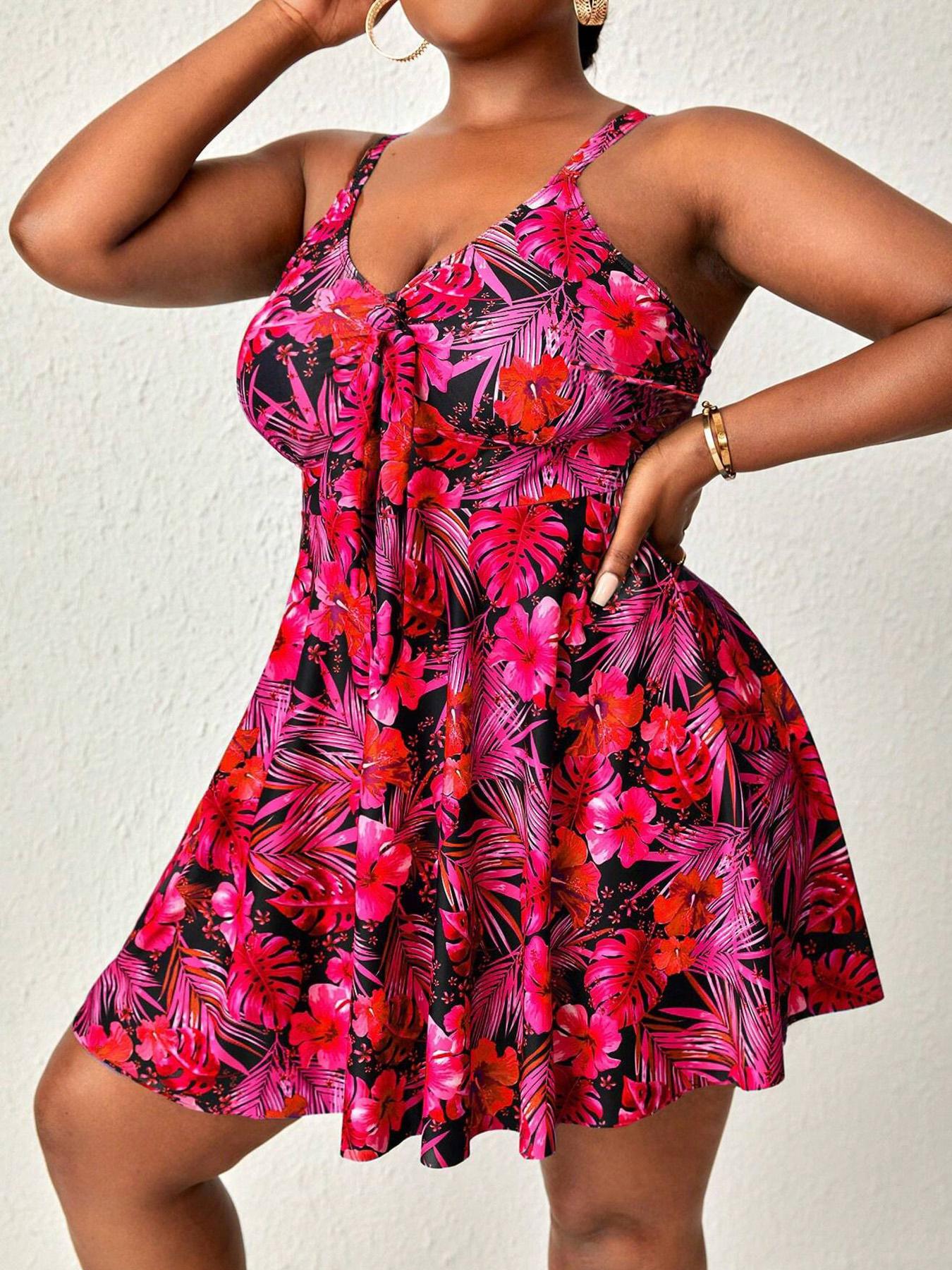 Damen Sexy Große Größe Floral Bedruckter Badeanzug Weiblich Sommer Zweiteiliges Tankini-Set Mode Strandbekleidung Badeanzug 1XL rot