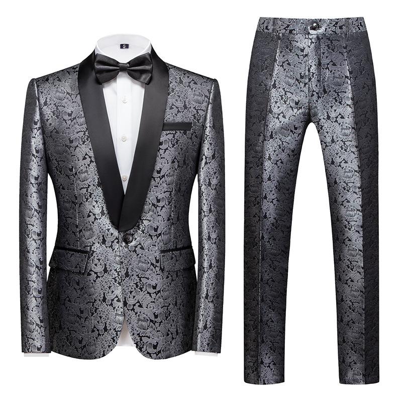 Herrenbekleidung Stilvoller formeller Anzug 2-teiliges Set Herrenanzug Blumenmusterdruck Geschäftsbüro Hochzeitsanzug Jacke + Hose Anzüge und Blazer 5XL silber